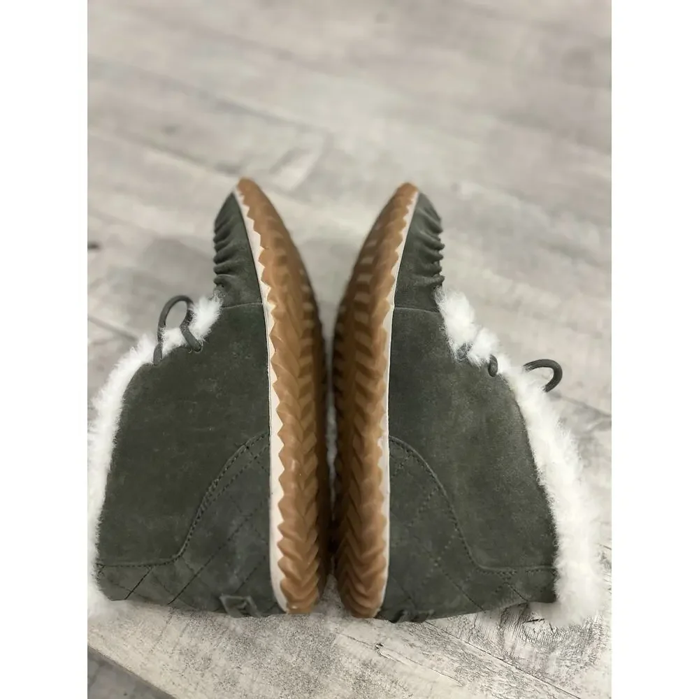 Sorel Womens 7.5 Out N About Moc Olive Green Suede Faux Shearling Lined Moccasin